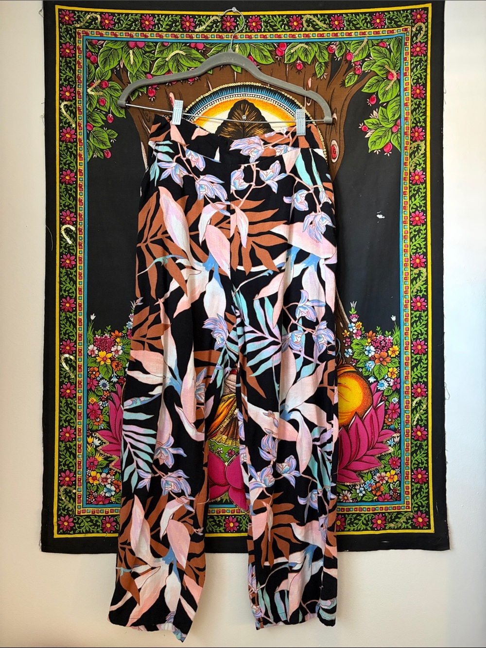Billabong Black Wide Leg Pants with Pink, Brown & Blue Leaf Print
